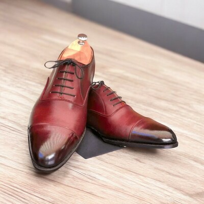 Men's Burgundy Leather Cap Toe Shoes, Lace Up Shoes