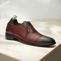 Men's Burgundy Oxfords Leather Shoes - Thumbnail 3