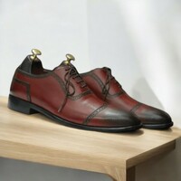 Men's Burgundy Oxfords Leather Shoes - Thumbnail 1