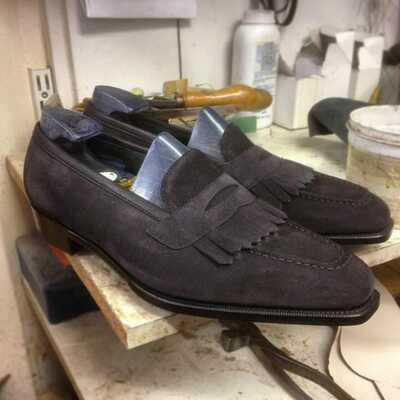 Handmade men's black fringe loafers slips on dress formal shoes