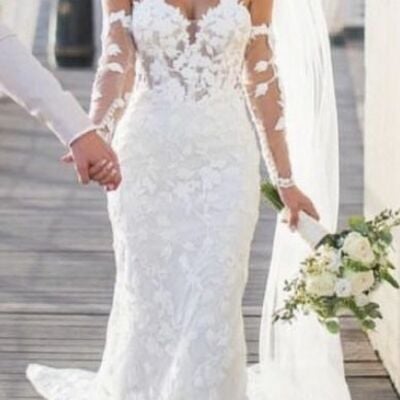 Elegant mermaid lace appliques sleeveless wedding dress bridal gown