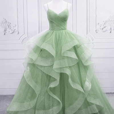 Green layers tulle floor length prom dress,  a-line spaghetti strap party dress - Thumbnail 1