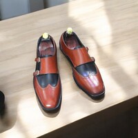 Men's Blue Burgundy Double Buckle Shoes - Thumbnail 1