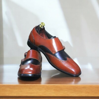 Men's Blue Burgundy Double Buckle Shoes