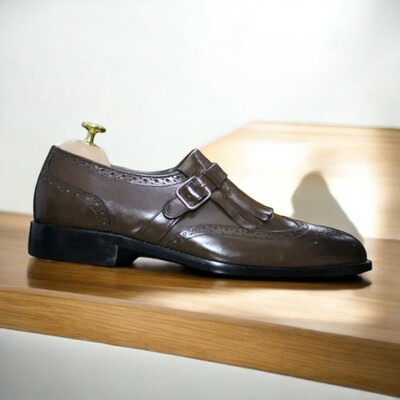 Men's dark brown fringe buckle leather shoes, wing tip brogue shoes for men's - Thumbnail 1