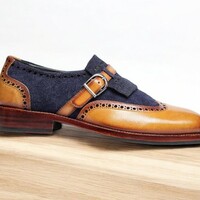 Men's Blue Brown Buckle Suede & soft Leather Shoes - Thumbnail 1