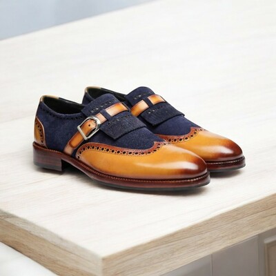 Men's blue brown buckle suede & soft leather shoes