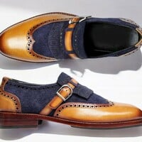 Men's Blue Brown Buckle Suede & soft Leather Shoes - Thumbnail 3