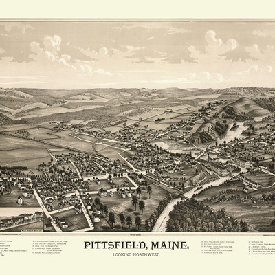 Pittsfield, maine in 1889 - bird's eye view map, aerial, panorama, vintage, antique, reproduction, giclée, framable, fine art
