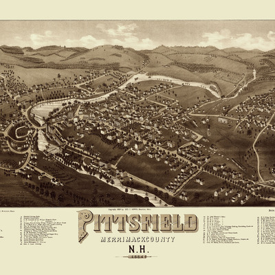 Pittsfield, nh in 1884 - bird's eye map, aerial map, panorama map, vintage map, antique map, reproduction, giclée, framable map, fine art