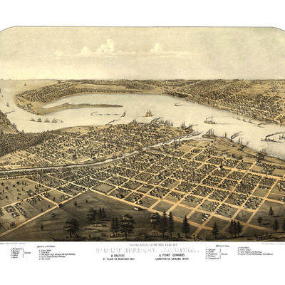 Port huron, sarnia, and gratiot, michigan and point edwards, canada in 1867- bird's eye view map, vintage, antique, fine art, wall art