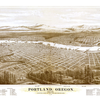 Portland, oregon in 1879 - bird's eye view map, aerial map, panorama, vintage map, antique map, reproduction, history, fine art, wall art
