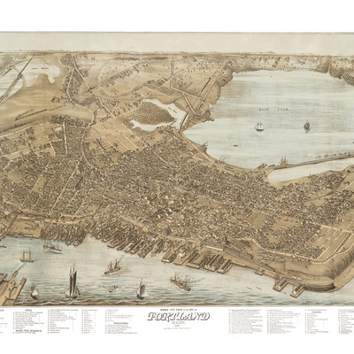 Portland, maine in 1876 - bird's eye view map, aerial, panorama, vintage, antique, reproduction, giclée, fine art, wall art, history