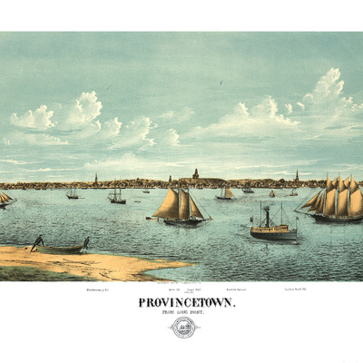 Provincetown, ma in 1877 - bird's eye view map, aerial, panorama, vintage, antique, reproduction, giclée, framable, fine art