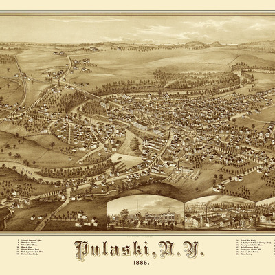 Pulaski, ny in 1885 - bird's eye view map, aerial, panorama, vintage, antique, reproduction, giclée, framable, fine art, home decor, history