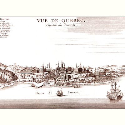Quebec city, quebec, canada in 1755 - bird's eye view, aerial, panorama, vintage, antique, reproduction, giclée, framable, fine art, wall art