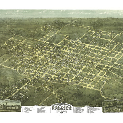 Raleigh, north carolina in 1872 - bird's eye view, aerial, panorama, vintage, antique, reproduction, giclée, framable, fine art, wall art