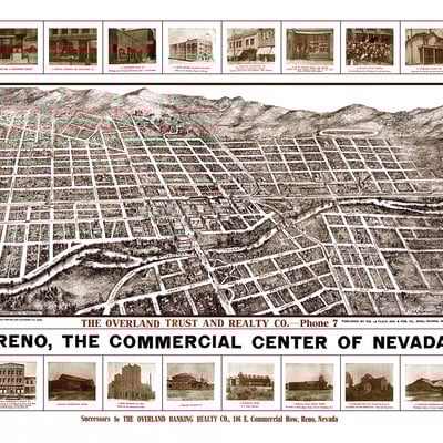 Reno, nevada in 1907 - bird's eye view, map, aerial, panorama, vintage, antique, fine art, wall art