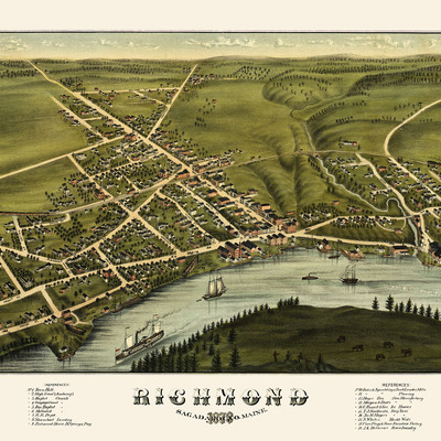 Richmond, maine in 1878 - bird's eye view map, aerial, panorama, vintage, antique, reproduction, giclée, framable, fine art