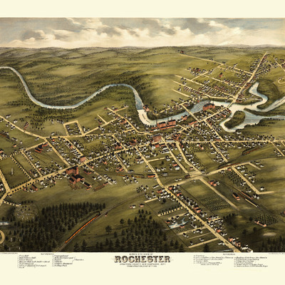 Rochester, nh in 1877 - bird's eye view map, aerial, panorama, vintage, antique, reproduction, giclée, framable, fine art