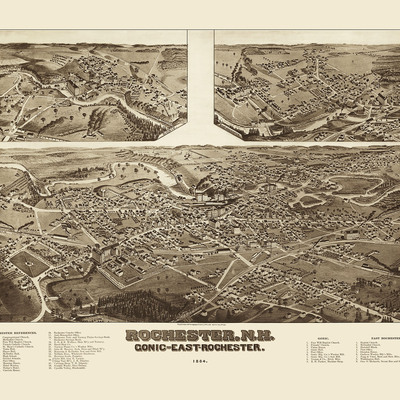 Rochester, gonic, & east rochester nh - 1884 - bird's eye map, aerial, panorama, vintage, antique, reproduction, giclée, framable, fine art