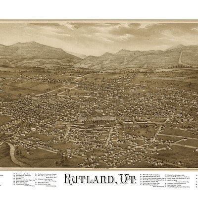 Rutland, vermont in 1885 - bird's eye view, aerial map, panorama, vintage, antique map, reproduction, giclée, fine art, wall art