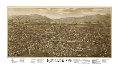 Rutland, Vermont in 1885 - Bird's Eye View, Aerial map, Panorama, Vintage, Antique map, Reproduction, Giclée, Fine Art, Wall Art