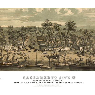 Sacramento city, california in 1850 - bird's eye view, aerial, panorama, vintage, antique map, reproduction, fine art, wall map, history