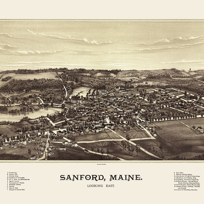 Sanford, maine in 1889 - bird's eye view map, aerial, panorama, vintage, antique, reproduction, giclée, framable, fine art