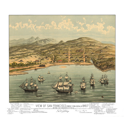 San francisco, ca in 1846 - bird's eye view map, aerial, panorama, vintage map, antique map, reproduction, giclée, framable map, fine art