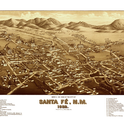 Santa fe, new mexico in 1882 - bird's eye view map, aerial, panorama, vintage map, antique map, reproduction, giclée, framable map, fine art