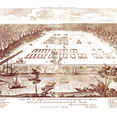 Savannah, georgia in 1734 - bird's eye view, aerial, panorama, vintage, antique, reproduction, giclée, fine art, wall art, history