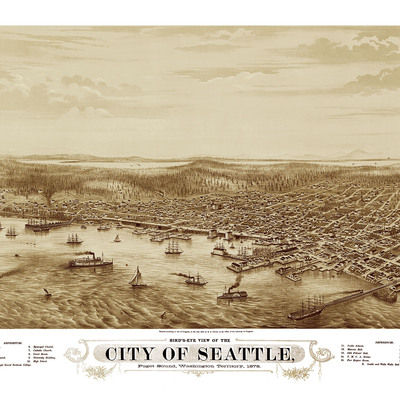 Seattle, washington in 1878 - bird's eye view, aerial map, panorama, vintage, antique map, reproduction, giclée, fine art, wall art, history - Thumbnail 3