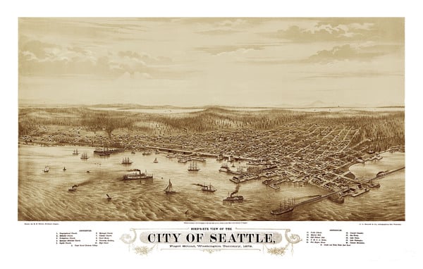 Seattle, Washington in 1878 - Bird's Eye View, Aerial map, Panorama, Vintage, Antique map, Reproduction, Giclée, Fine Art, Wall Art, History