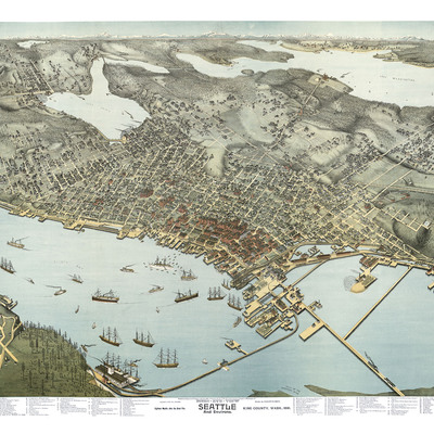 Seattle, washington and environs in 1891 - bird's eye view, map, aerial, panorama, vintage, antique, fine art, wall art, history