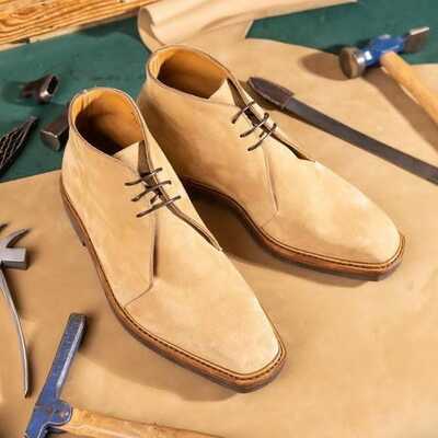 Handmade men's beige chukka lace up dress formal shoes - Thumbnail 1
