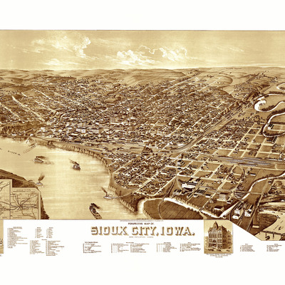 Sioux city, iowa in 1888 - bird's eye view, aerial map, panorama, vintage, antique map, reproduction, giclée, fine art, wall art, history