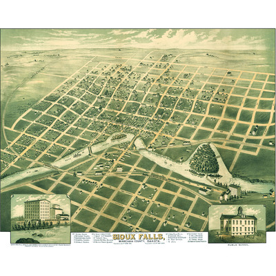Sioux falls, south dakota in 1881 - bird's eye view, map, aerial, panorama, vintage, antique, fine art, wall art
