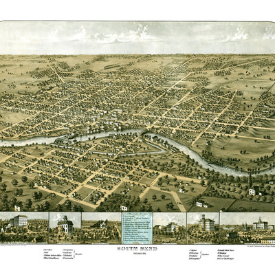 South bend, indiana in 1866 - bird's eye view map, aerial, panorama, vintage, antique, reproduction, giclée, fine art, wall art, history