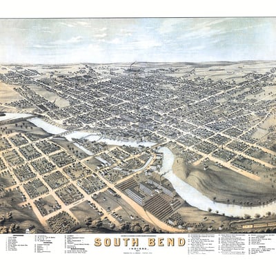 South bend, indiana in 1890 - bird's eye view map, aerial, panorama, vintage, antique, reproduction, giclée, fine art, wall art, history
