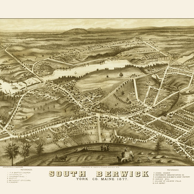 South berwick, maine in 1877 - bird's eye view map, aerial, panorama, vintage, antique, reproduction, giclée, framable, fine art