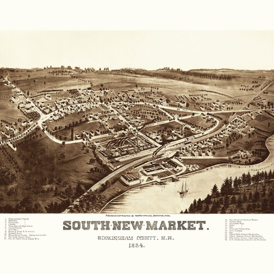 South new market (newfields), nh in 1884 - bird's eye, aerial, panorama, vintage, antique map, reproduction, giclée, framable map, fine art