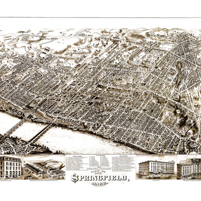 Springfield, massachusetts in 1875 - bird's eye view, aerial, panorama, vintage, antique, reproduction, giclée, fine art, wall art, history - Thumbnail 1