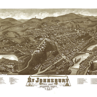 St. johnsbury, vt in 1884 - bird's eye view map, aerial map, panorama, vintage map, antique map, reproduction, giclée, wall map, framable