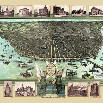 St. louis, missouri in 1896 - bird's eye view map, aerial, panorama, vintage, antique, reproduction, giclée, framable, fine art