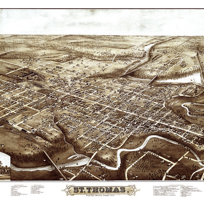 St. thomas, ontario, canada in 1875 - bird's eye view, aerial, panorama, vintage, antique, reproduction, giclée, framable, fine art, home, wall art