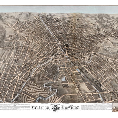 Syracuse, new york in 1874 - bird's eye view map, aerial, panorama, vintage, antique, reproduction, giclée, framable, fine art