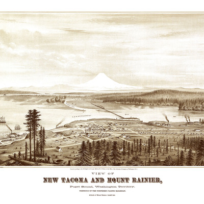 Tacoma and mt. rainier, washington in 1878 - bird's eye view, aerial map, panorama, vintage, antique, giclée, fine art, wall art, history