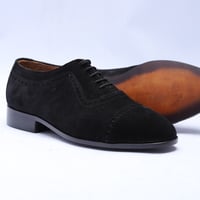 Crafted Leather Classic Black Suede Leather Oxford Dress Shoes - Thumbnail 2