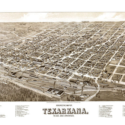 Texarkana, arkansas and texas in 1888 - bird's eye view, aerial panorama, vintage, antique map, reproduction, fine art, wall art, history
